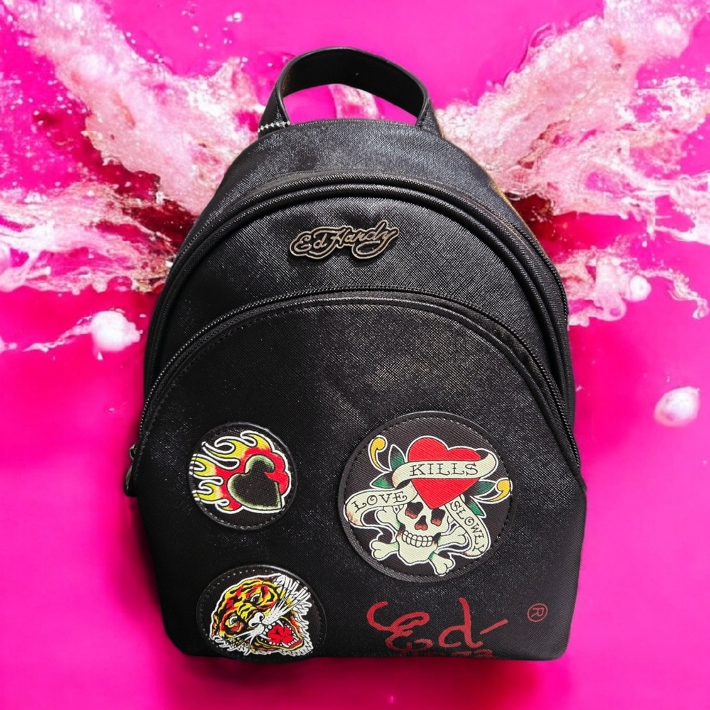 NEW Ed Hardy Black Women's Bag Backpack with Patches 12"x9"x5" NWT